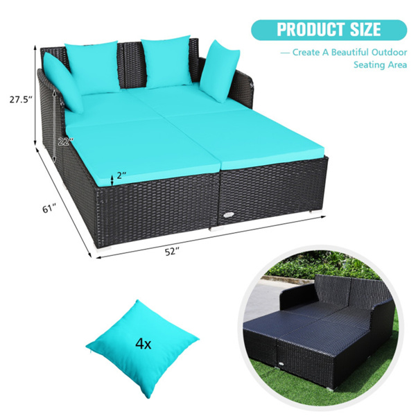 Turquoise Outdoor Rattan Daybed with Upholstered Cushions