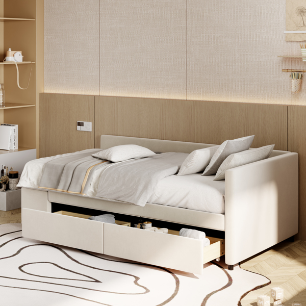 Twin size L-Shaped Upholstered Platform Bed with Storage and Drawers, Beige