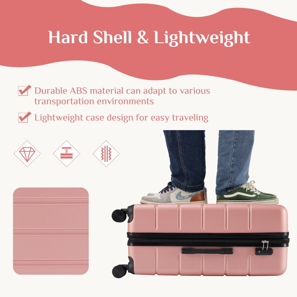 Hard sided expand suitcase with rotating wheels, TSA lock, retractable handle, Pink, 3P