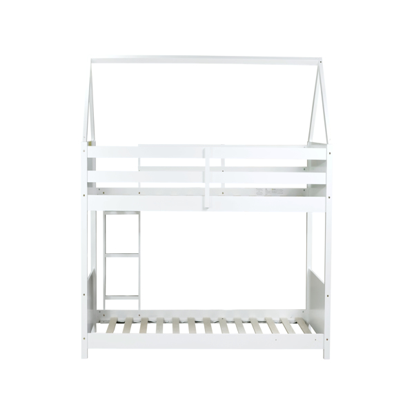 Twin Over Twin House Floor Bunk Bed with Headboards, Footboards and Guardrails, Ladder, Rubber Wood Bunk Bed with Safety Guardrails,White