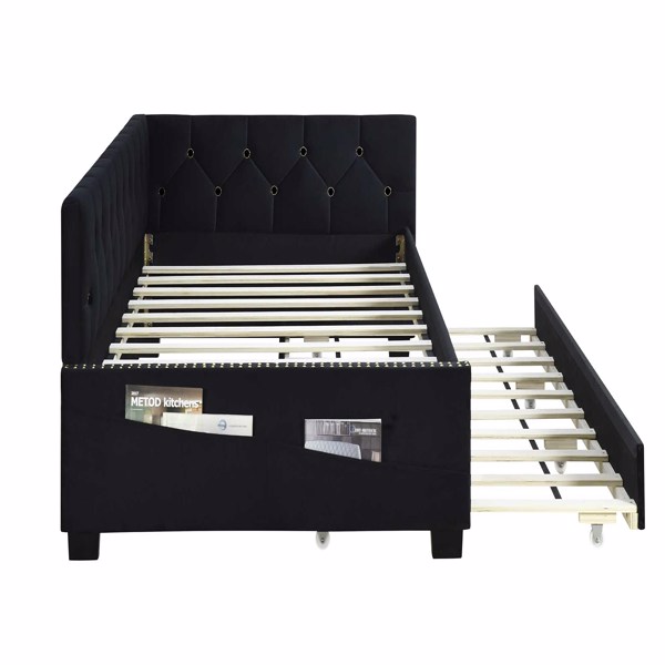 BLACK UPHOLSTERED TWIN SIZE DAYBED BED FRAME (CORNER BED) WITH TRUNDLE, VELVET FABRIC, STUDDING DESIGN, NO BOX SPRING REQUIRED, FITS ANY STYLE!