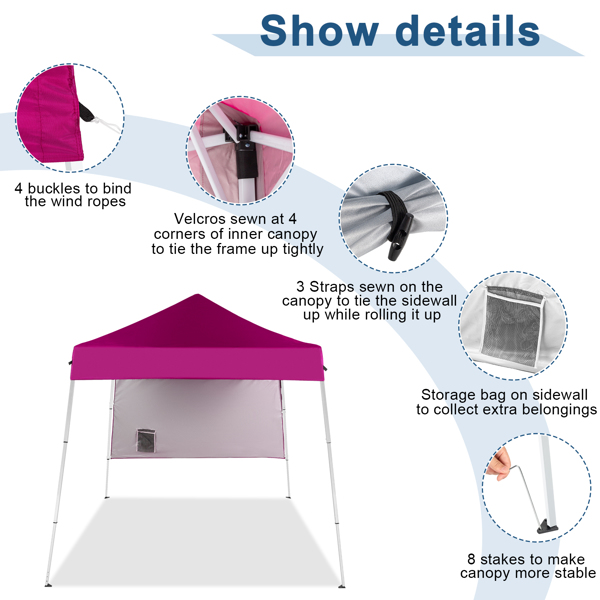 6x6ft Pop Up Canopy Tent, Outdoor Tent Canopy Foldable Portable Canopies for Camping, Patio, Easy Up Gazebo Canopy with Carry Bag Slant Legs，pink