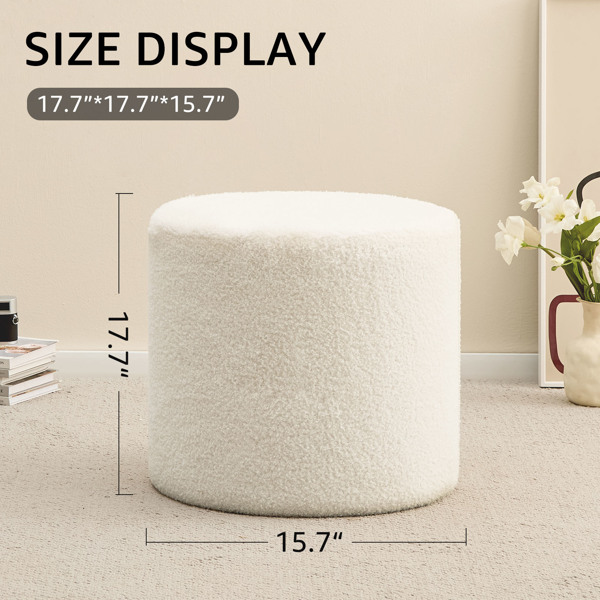 Round Teddy Fleece Ottoman with Soft Padded Seat, Multi-Functional Footrest, Vanity Chairs for Makeup, Upholstered Foot Stool Extra Seating for Living Room, Bedroom(White, 15 * 15 * 17.7inch)