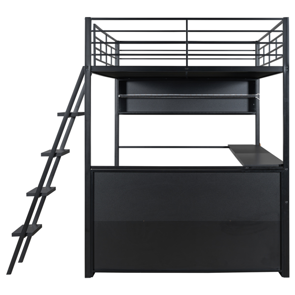 Full Size Metal Loft Bed with LED, Desk and 4 Storage Shelves, Black