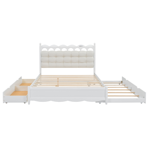 Queen Size Wooden Storage Platform Bed, with 2 Big Drawers, Twin-XL Size Trundle, White