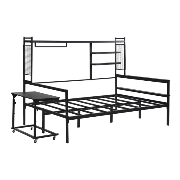 Full size Metal Daybed with Movable Desk, Metal Grid, Shelves and Clothes Hanger, Black