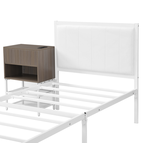 Twin size Metal Platform Bed with Two-Tier Storage Shelves, Wooden Storage Cabinet, White