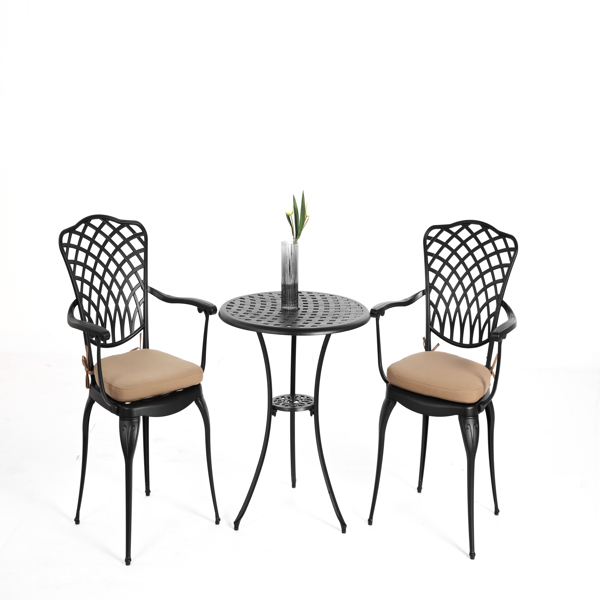 3 Piece Patio Bistro Set Cast Aluminum Bistro Table and Chairs Set of 2 with Umbrella Hole,All Weather Metal Bistro Table Set,Outdoor Patio Furniture Set for Garden Black with cushion