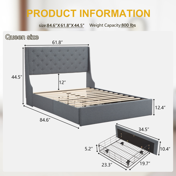 Upholstered Queen Platform Storage Bed Frame with 4 Drawers, Wingback Headboard with Button Tufted Design, Wooden Slat Support, No Box Spring Needed, Dark Grey