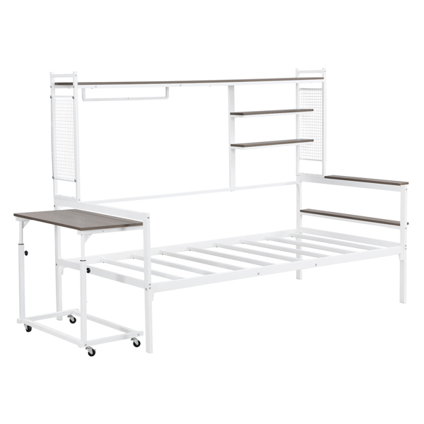 Twin size Metal Daybed with Movable Desk, Metal Grid, Shelves and Clothes Hanger, White