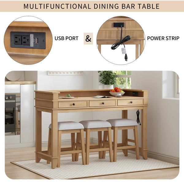 4-piece Dining Bar Table Set with 3 Upholstered Stools, Multifunctional Dining Table with 3 Drawers (Natural)