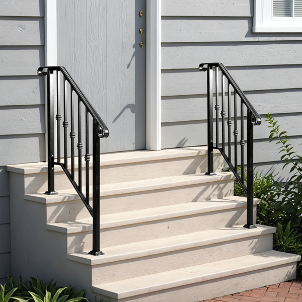 Matte Black Outdoor 2-Step Iron Handrail