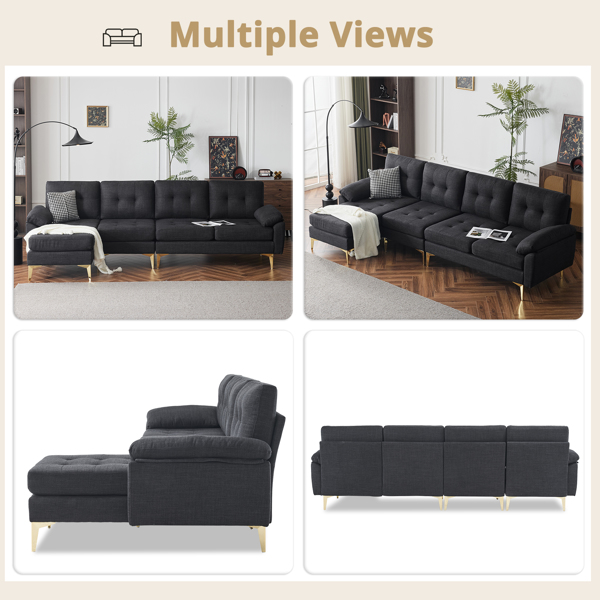 L-Shaped Sectional Sofa Couch for Living Room, Modern 4-Seater Tufted Linen Lounge Sleeper with Chaise, Black