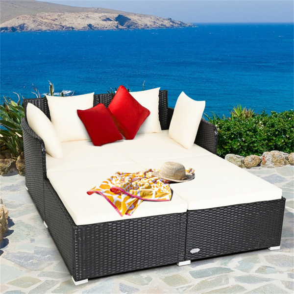 White Outdoor Rattan Daybed with Upholstered Cushions