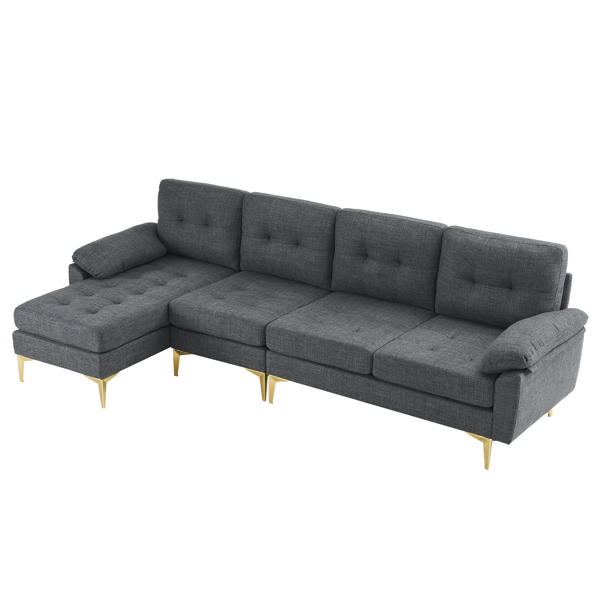 L-Shaped Sectional Sofa Couch for Living Room, Modern 4-Seater Tufted Linen Lounge Sleeper with Chaise, Dark Grey