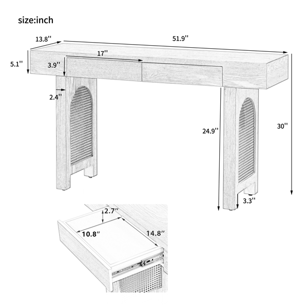 Narrow Console Table with Rattan Accent, Natural Wood Finish Entryway Table with Storage Drawers, Stylish Rustic Sofa Table for Living Room and Hallway (Natural)