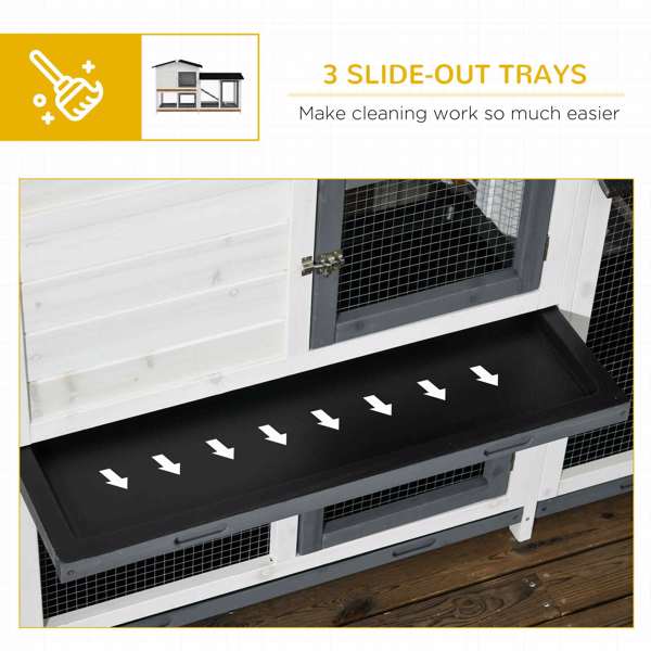 62" Rabbit Hutch, Wooden Bunny Hutch, Guinea Pig Cage, Small Animal Enclosure with Run Area, Removable Tray, Asphalt Roof, Lockable Doors and Ramp, White