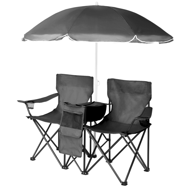 Portable Outdoor 2-Seat Folding Chair with Removable Sun Umbrella Black