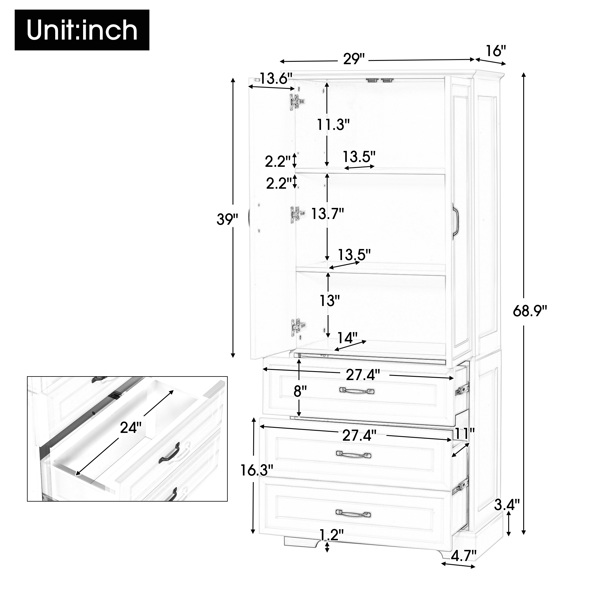 Tall Bathroom Storage Cabinet, Cabinet with Two Doors and Drawers, Adjustable Shelf, MDF Board, White