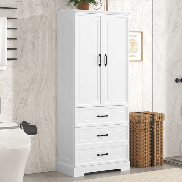 Tall Bathroom Storage Cabinet, Cabinet with Two Doors and Drawers, Adjustable Shelf, MDF Board, White