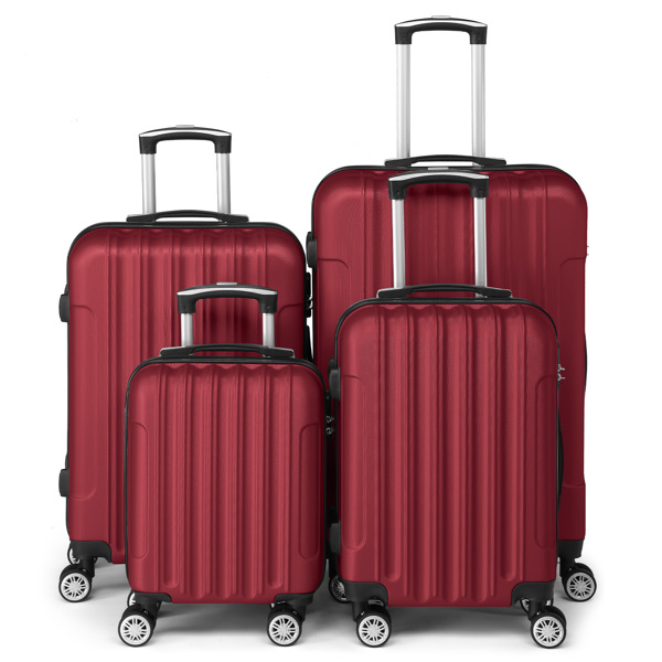 FCH Four-Piece Set Vertical Stripe ABS Luggage 16in, 20in, 24in, 28in with ABS Material and Steel Telescopic Handle in Classic Burgundy