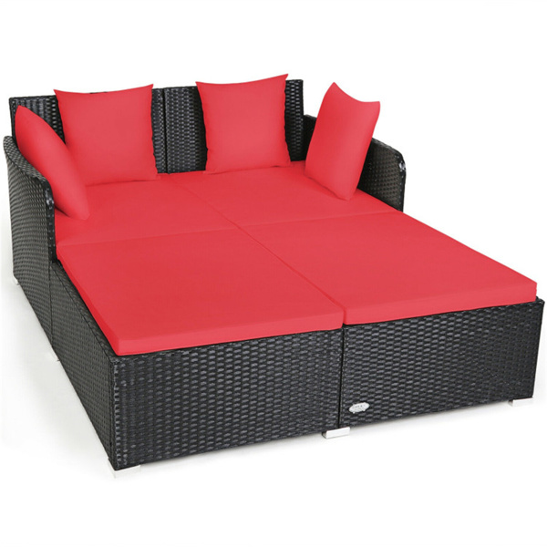 Red Outdoor Rattan Daybed with Upholstered Cushions