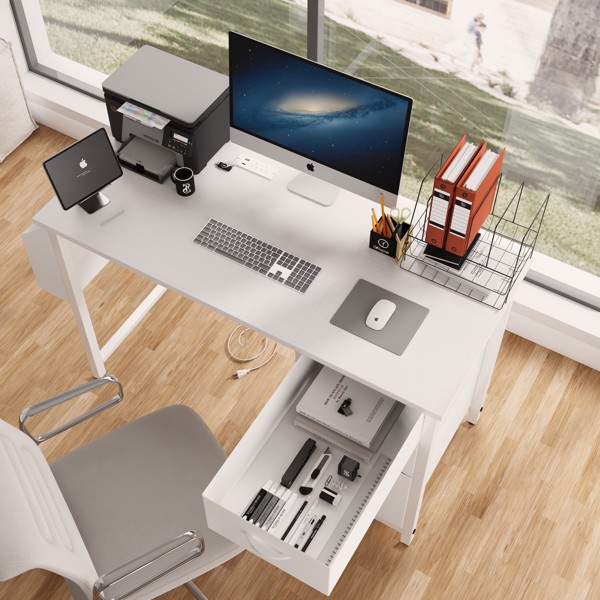 47.3"office desk with power outlet,3 drawers,Side Pocket, Study Desk Easy to Assemble,Frame stability Reversible for home desk, company computer desk, game table,Vanity table, white