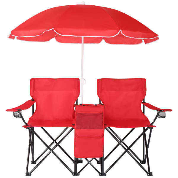 Portable Outdoor 2-Seat Folding Chair with Removable Sun Umbrella Red