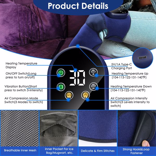 Cordless Knee Massager Heated Knee Brace Wrap Electric Knee Heating Pad with 5-Level Heating 3-Level Vibration 3-Mode & 3-Level Air Compression