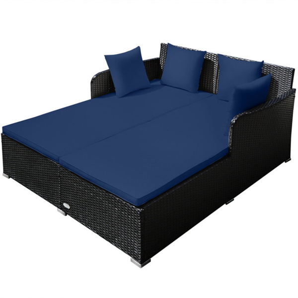 Navy Outdoor Rattan Daybed with Upholstered Cushions