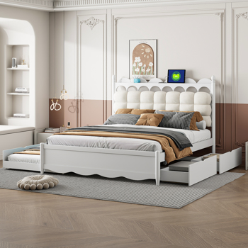 Queen Size Wooden Storage Platform Bed, with 2 Big Drawers, Twin-XL Size Trundle, White