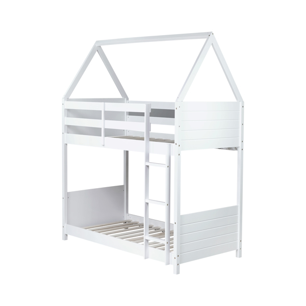 Twin Over Twin House Floor Bunk Bed with Headboards, Footboards and Guardrails, Ladder, Rubber Wood Bunk Bed with Safety Guardrails,White