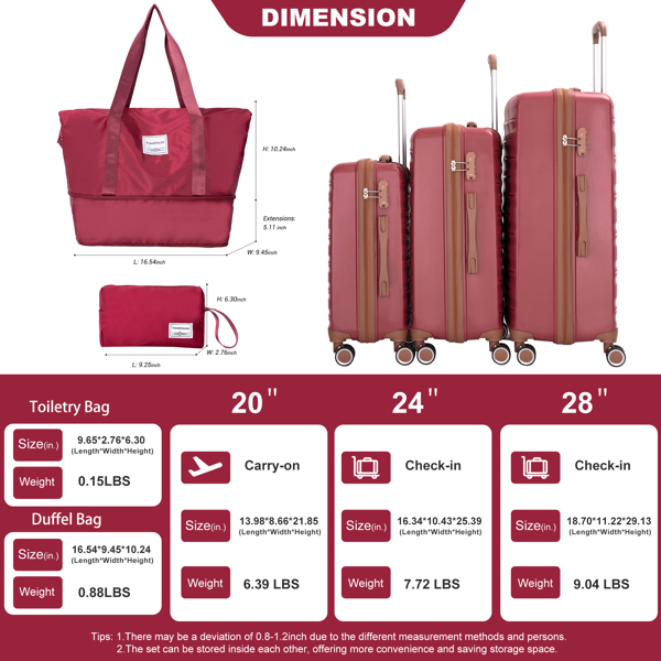 5-Piece Set (20"24"28 +a travel bag and a toiletry bag) ,PP Hardshell Carry on Luggage Set with TSA Lock Carry On Suitcase Luggage  Durable Suitcase  Color  WINE RED.