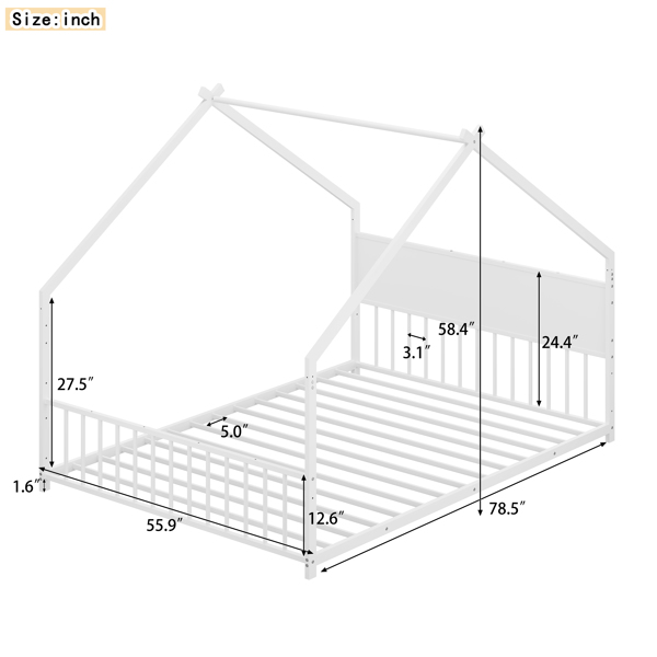 Full Size House Bed with Roof and Colorful Lights, Metal Bed Frame with Slats and Legs, House Bed for Boy, Girls and Young Teens, No Box Spring Needed (White)