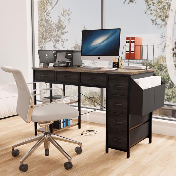 47" Computer Desk With Power Outlet,Writing Desk with 7 Fabric Drawers,Vanity table Drawers and Large Side Pocket,Rustic Brown