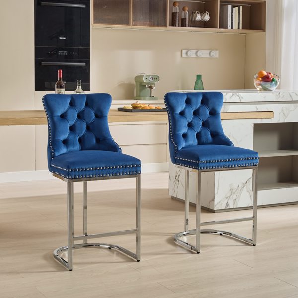 25" Counter Height Bar Stools Set of 2, Modern Velvet Barstools with Button Back&Rivet Trim Upholstered Kitchen Island Chairs with Sturdy Chromed Metal Base Legs Farmhouse Bar Stools, (Blue,2 Pack)