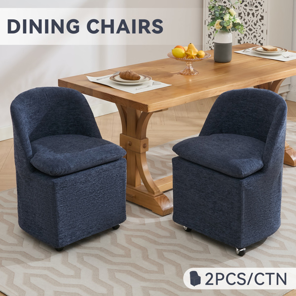 058-Set of 2 Chenille Fabric Dining Chairs With Universal Wheels,Blue