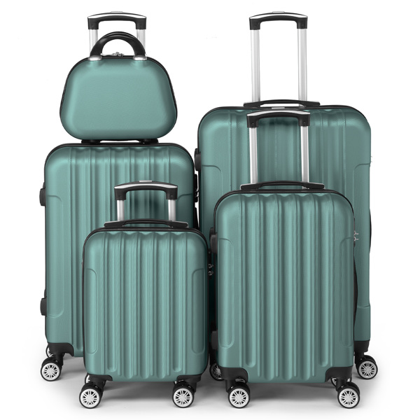 Product Name: FCH Vertical Stripe Five-Piece Set ABS Luggage 16in, 20in, 24in, 28in + 12in Handbag with ABS Material and Steel Telescopic Handle in Trendy Turquoise