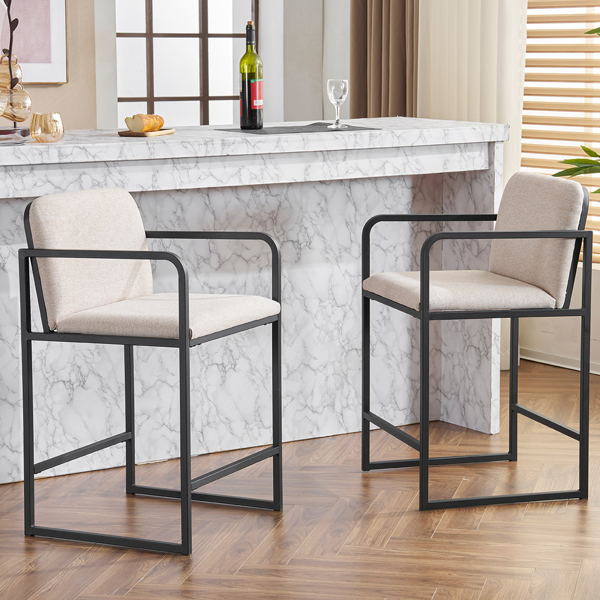 Set of 2,Modern Upholstered Counter Height Bar Stool with Armrests, Metal Frame and Padded Seat, Comfortable Dining Chair for Kitchen Island, Home Bar or Restaurant - Beige