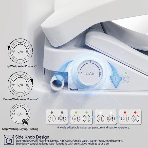Smart Bidet Toilet Seat with Side Knob Adjustable Heated Seat with Water Temperature and Pressure Adjustment Portable with Automatic Nozzle Cleaning and Sensor Open Lid[Unable to ship on weekends]