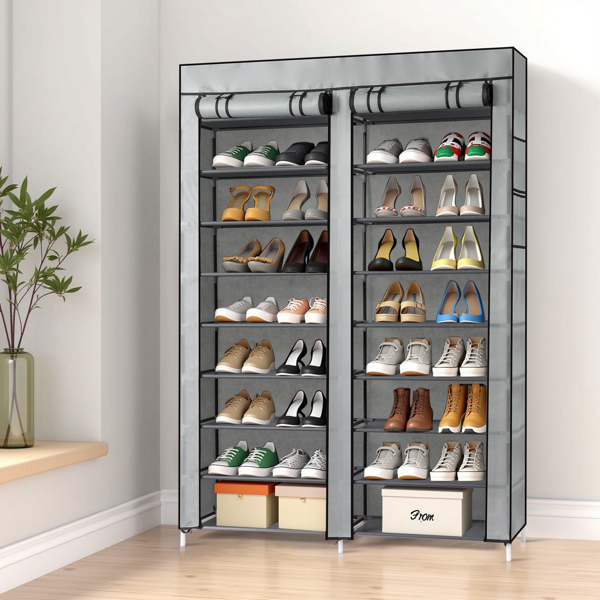 FCH Double Row 10-Tier Non-Woven Fabric Shoe Cabinet with Iron Pipes and Plastic Components, Gray