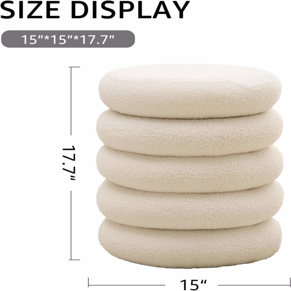 Round Storage Ottoman, Modern Sherpa Footstool, Teddy Vanity Stool with Flip-Top Tray, Makeup Chair for Home Decor, Upholstered Footrest for Living Room & Bedroom (White)