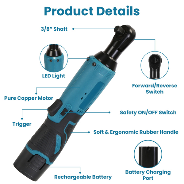  3/8” Cordless Electric Ratchet Wrench Set Right Angle Wrench with 2Pcs 1200mAh Batteries and Charger 7 Sockets 400RPM