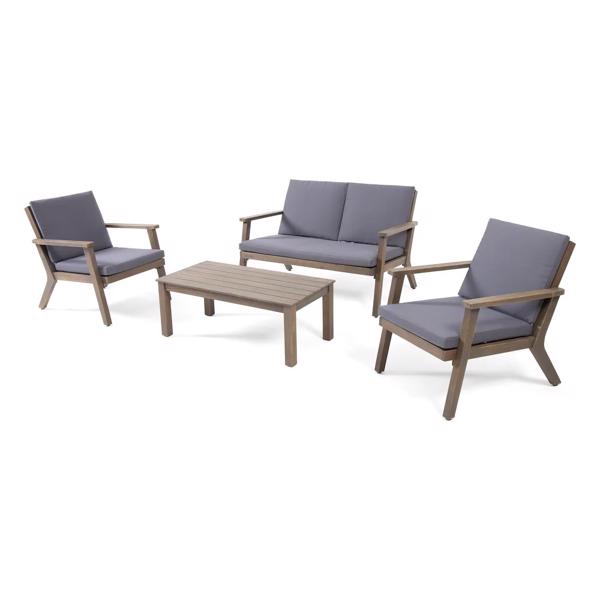 Temecula Outdoor Acacia Wood 4-Seater Chat Set_Loveseat&Coffee Table&2 Club Chairs - Gray Finish + Dark Gray Cushion