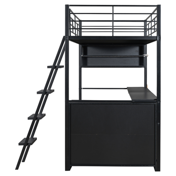 Twin Size Metal Loft Bed with LED, Desk and 4 Storage Shelves, Black