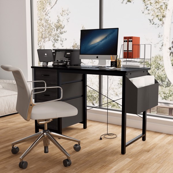 47.3"office desk with power outlet,3 drawers,Large Side Pocket, Desk Easy to Assemble,Frame stability Reversible,  for home desk, computer desk, game table,Writing desk,Vanity table, black