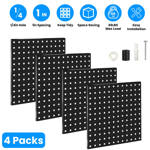 Metal Pegboard Panels for Wall Garage Utility Tools Pegboard Storage System for Workbench, Shop, Modular Peg Board Organizer Board Kit(Pack of 4, Black)