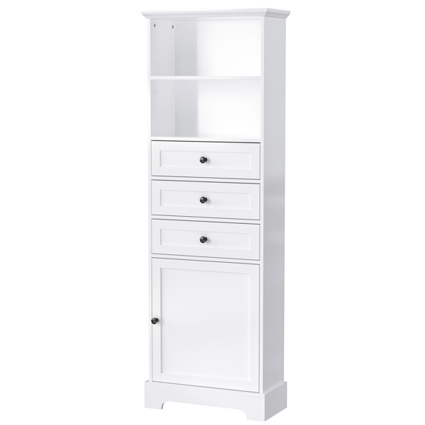 White Tall Storage Cabinet with 3 Drawers and Adjustable Shelves for Bathroom, Study, Office and Interior, MDF Board with Painted Finish