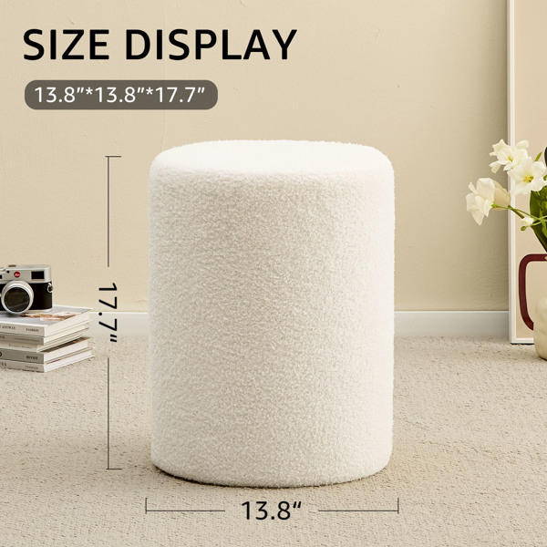 Round Teddy Fleece Ottoman with Soft Padded Seat, Multi-Functional Footrest, Vanity Chairs for Makeup, Upholstered Foot Stool Extra Seating for Living Room, Bedroom, Entryway (White, Standard)