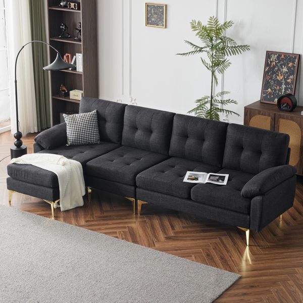 L-Shaped Sectional Sofa Couch for Living Room, Modern 4-Seater Tufted Linen Lounge Sleeper with Chaise, Black